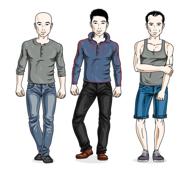 Vector happy men posing wearing casual clothes. vector people illustrations set. lifestyle theme male characters.