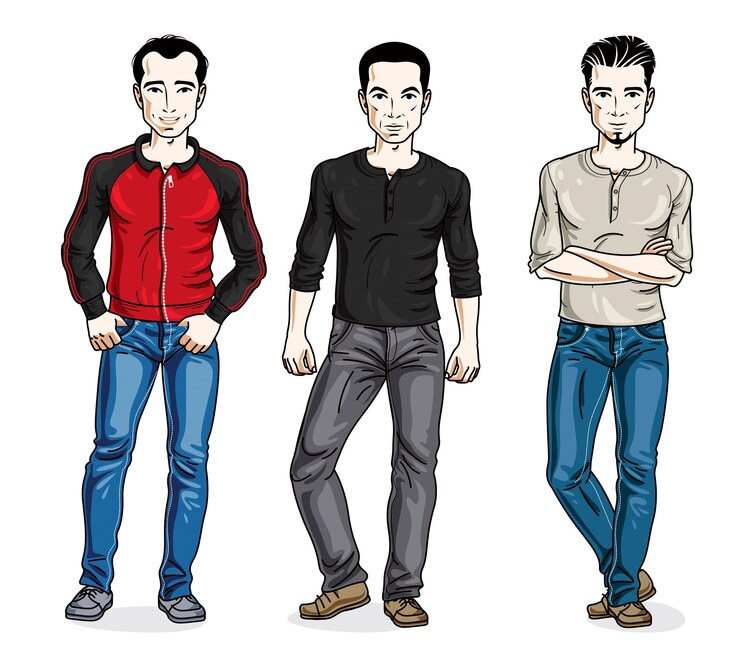 Vector happy men standing in stylish casual clothes. vector set of beautiful people illustrations. lifestyle theme male characters.