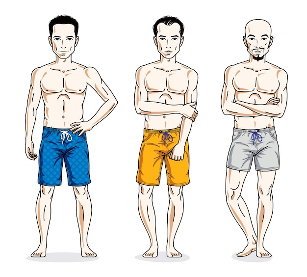 Счастливые мужчины, стоящие со спортивным телом, в пляжных шортах. Набор векторных символов разных людей.