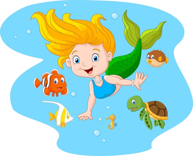 Happy mermaid with sea animal on sea water background 
