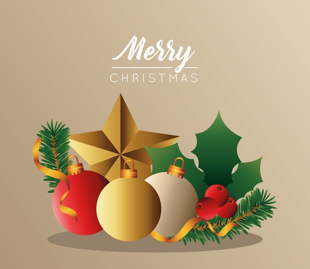 Happy merry christmas card with balls and leafs illustration