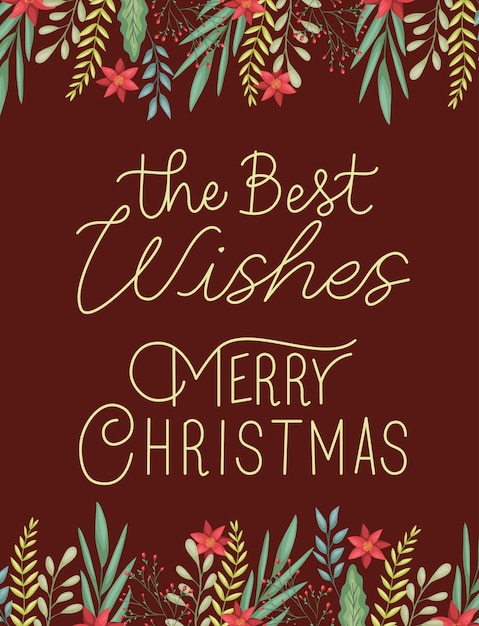 Vector happy merry christmas card with floral decoration and calligraphy