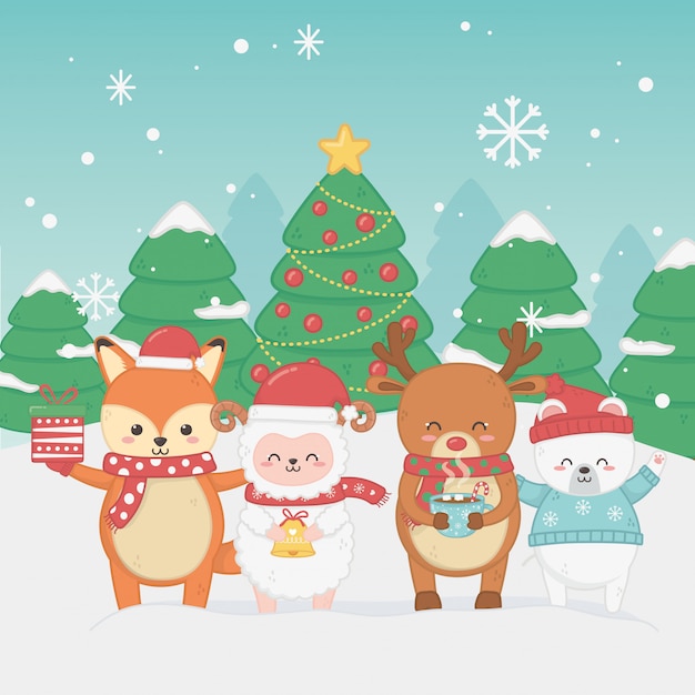 Happy merry christmas card with group of animals