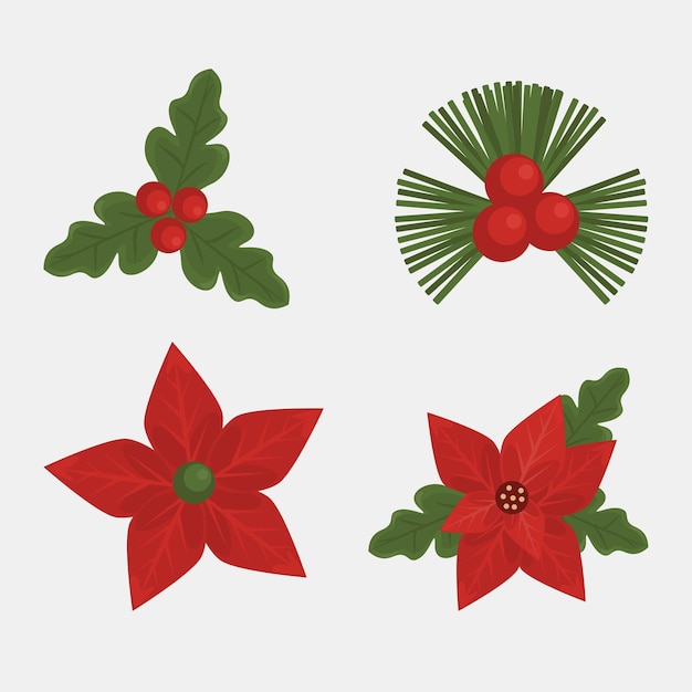 Happy merry christmas card with leafs and flowers set icons illustration