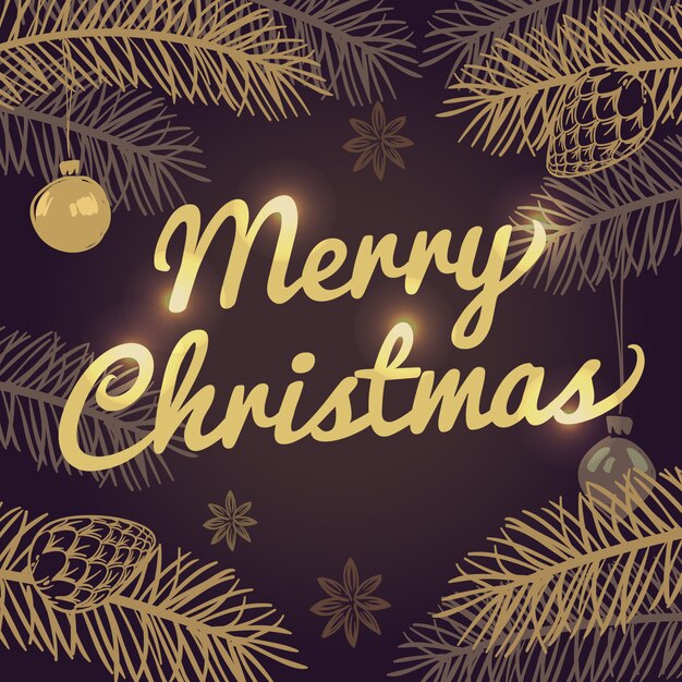 モミの枝と金のタイポグラフィとハッピーメリークリスマスホリデーベクトルグリーティングカード。バナーメリークリスマスとクリスマスの休日イラスト