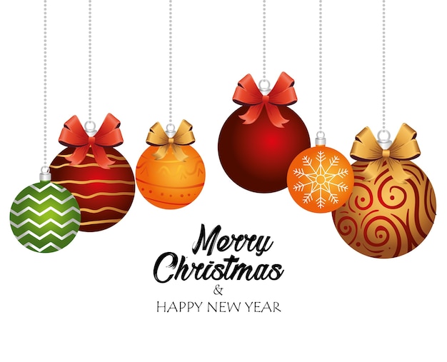 Happy merry christmas lettering card with balls and bows hanging illustration design