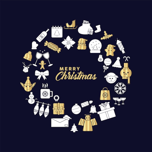 Happy merry christmas lettering with golden and silver set icons illustration