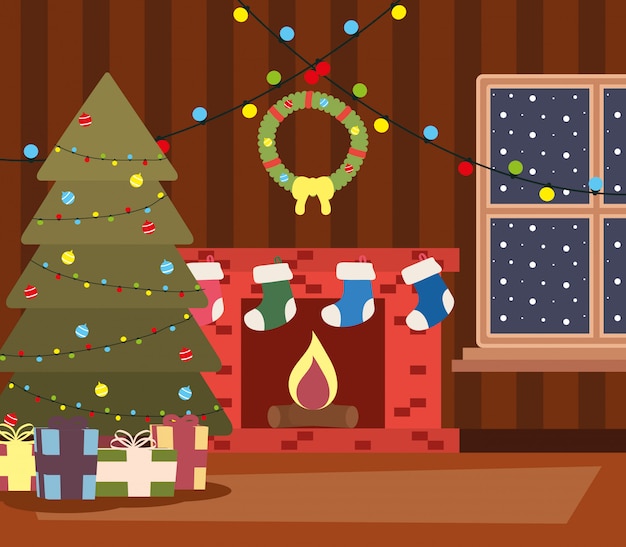 Vector happy mery christmas house place with tree and gifts scene