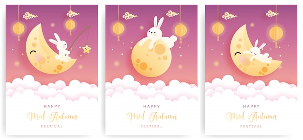 Set di carte happy mid autumn con coniglietto e torta di luna carini.