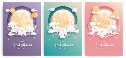 Happy mid autumn festival card set with beautiful lotus flower and full moon, colorful background. paper cut illustration.