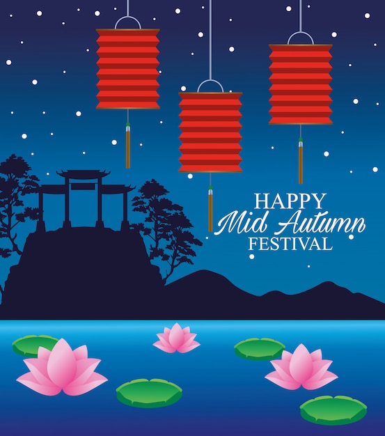 Happy mid autumn festival card with lanterns hanging in lake