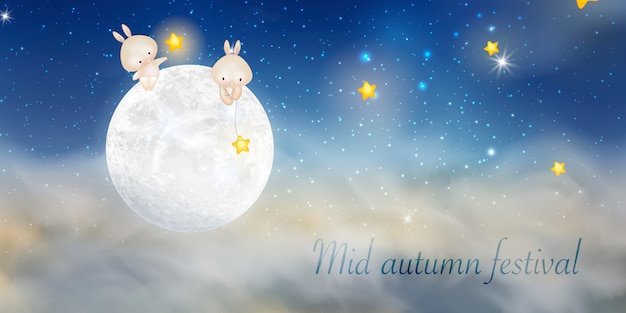 Vettore happy mid autumn festival design con la luna piena. conigli sullo sfondo di notte con la bella luna piena.