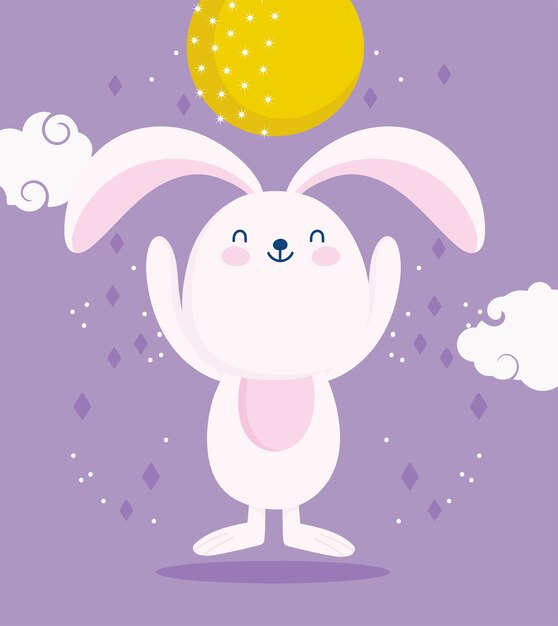 행복한 중추절, 보름달 귀여운 토끼와 구름 만화, 축복과 행복