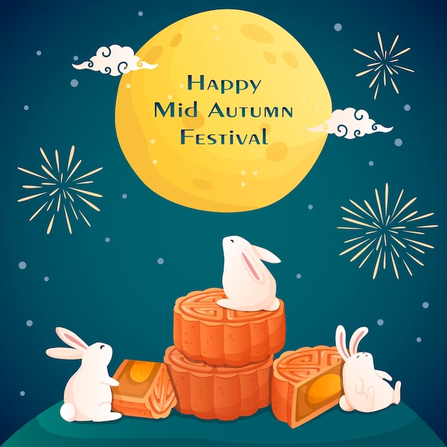 Happy Mid Autumn festival illustration banner. Cute rabbits enjoying tasty moon cakes