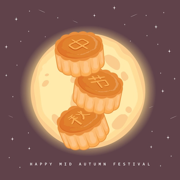 Vettore manifesto del festival di metà autunno felice con un simpatico mooncake disegnato a mano e un design notturno con stelle di luna piena