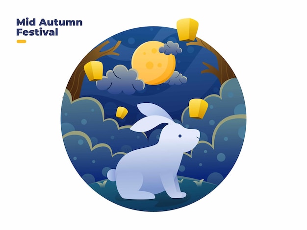 Felice festa di metà autunno con simpatici conigli bella luna e lanterna leggera volante illustrazione