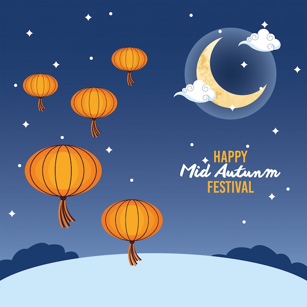 Felice festa di metà autunno con la luna e le lanterne appese