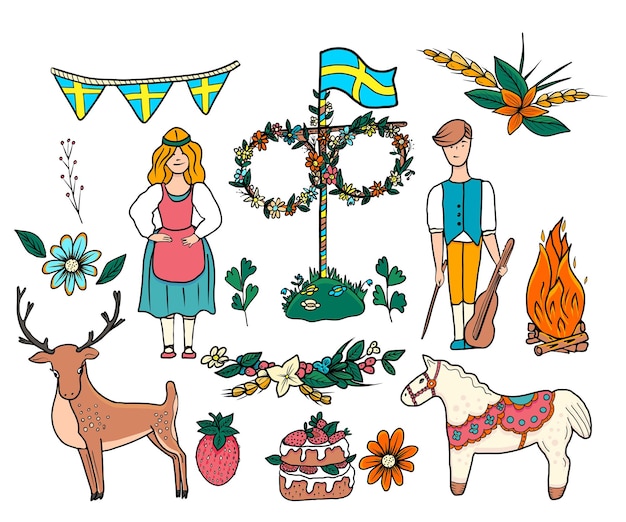 Happy Midsummer vector set Cartoon swedish traditional dressed characters horse deer wooden may pole floral garland cake sweden flag Template for Sweden longest summer day holiday banner