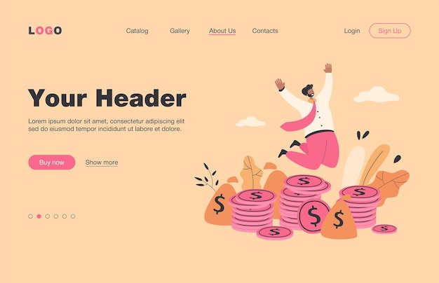 Vector happy millionaire jumping near pile of coins flat  landing page.. cartoon businessman or banker celebrating income growth. finance and stock market concept