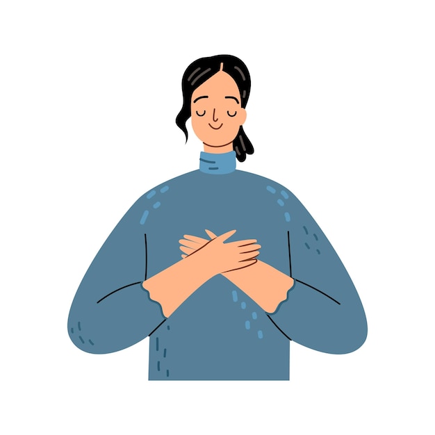 Happy mindful thankful woman holding hands on chest meditating with eyes closed isolated on white Vector cartoon character feeling no stress gratitude mental health balance peace of mind