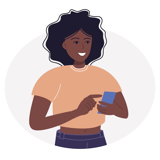 Happy modern teenager or woman uses smartphone surfing internet