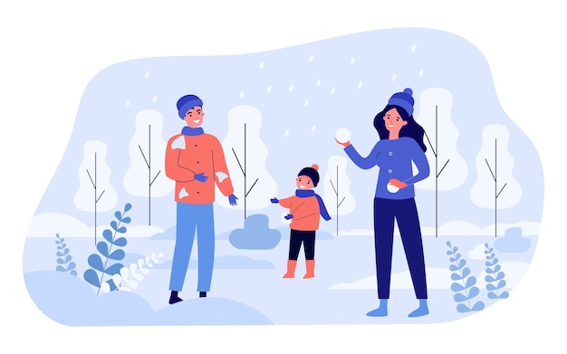 Счастливая мама, папа и ребенок играют в снежки. Плоские векторные иллюстрации. Мужчина, женщина и маленький мальчик вместе веселятся на природе, бросая снежки. Зимние каникулы, семья, детство концепция дизайна