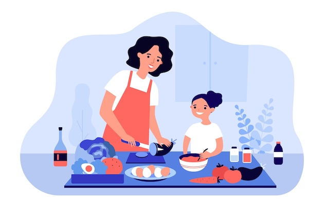 Vector happy mom and daughter cooking vegetables together isolated flat illustration