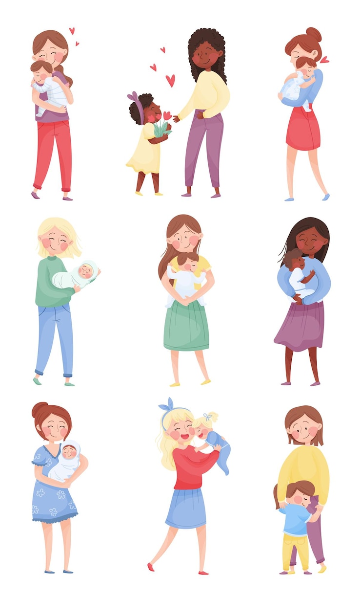 Vector happy mom and her kid vector illustrations set young mother holding her baby in arms and embracing