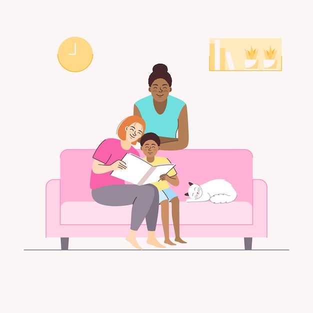 Vector happy moment of lesbian couple with child sitting on sofa