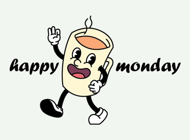 Premium Vector | Happy monday with cartoon retro character coffee mascot