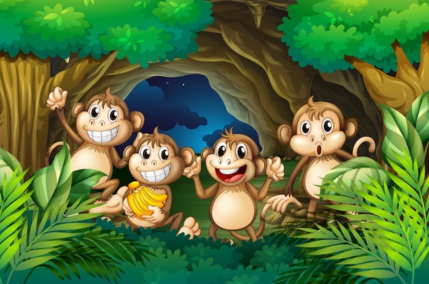 Vector happy monkeys in deep forest