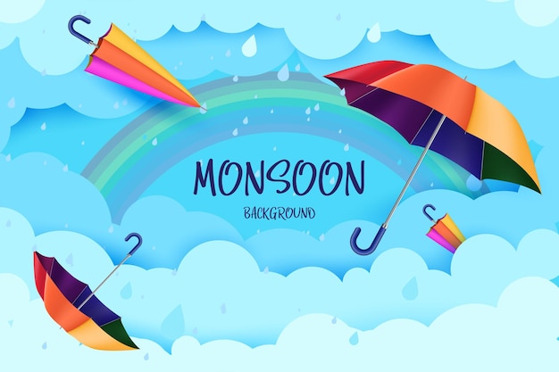 Happy monsoon season background rainbow umbrella clouds thunder paper boat and rain shoes