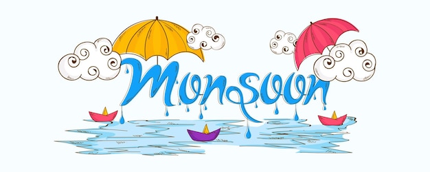 Happy monsoon season calligraphy creative hand drawn text.