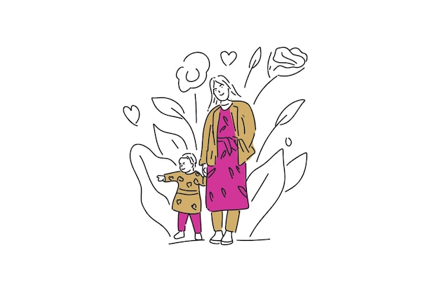 Vector happy mother and baby hand drawn minimalist illustration