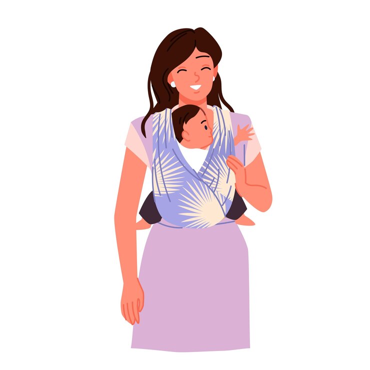 Vector happy mother carrying newborn baby in carrier sling family love and protection for child