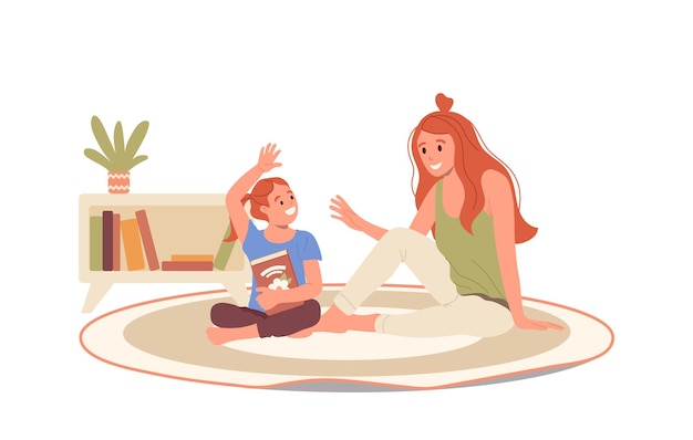 Happy mother and daughter characters playing together while sitting on floor at home living room