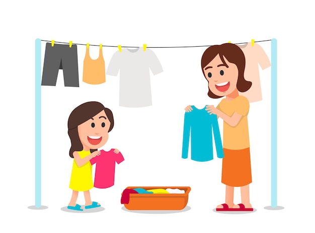 Vector happy mother and daughter drying clothes together