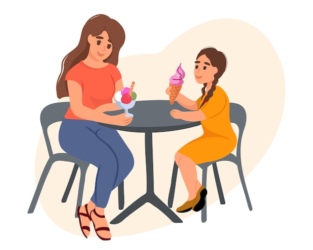 Happy mother and daughter eat ice cream in a cafe. good relationship between parent and child