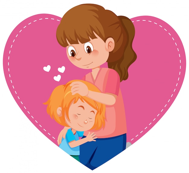 Vector happy mother and daughter in heart background