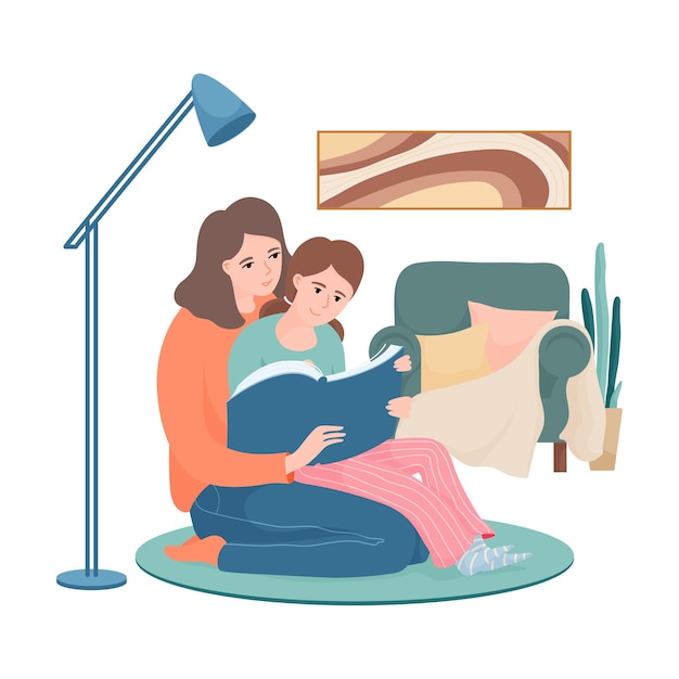 Vector happy mother and daughter reading together sitting in living room on the carpet, , kid on her mother knees, pointing to something in book,