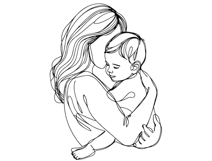 Vector happy mother day card continuous one line drawing woman hold her baby