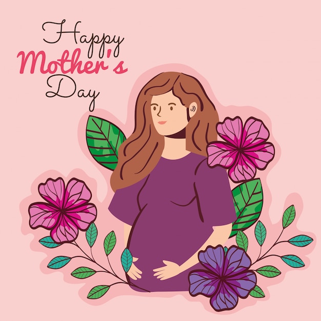 Happy mother day card with woman pregnant and flowers decoration vector illustration design