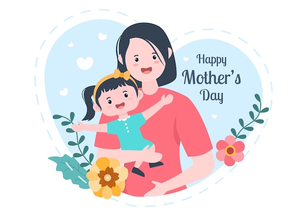 幸せな母の日のデザインイラストお母さんが赤ちゃんを抱いているか、グリーティングカードのために子供たちと