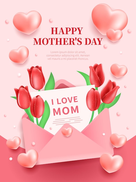 Happy Mother Day envelope filled with hearts and tulip flowers Vector illustration