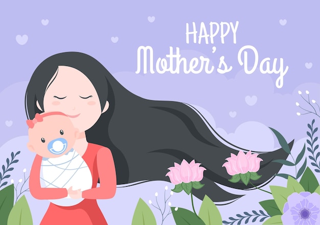 Счастливый день матери плоский дизайн иллюстрации. мать с ребенком на руках или с детьми, который отмечается 22 декабря поздравительной открыткой и плакатом
