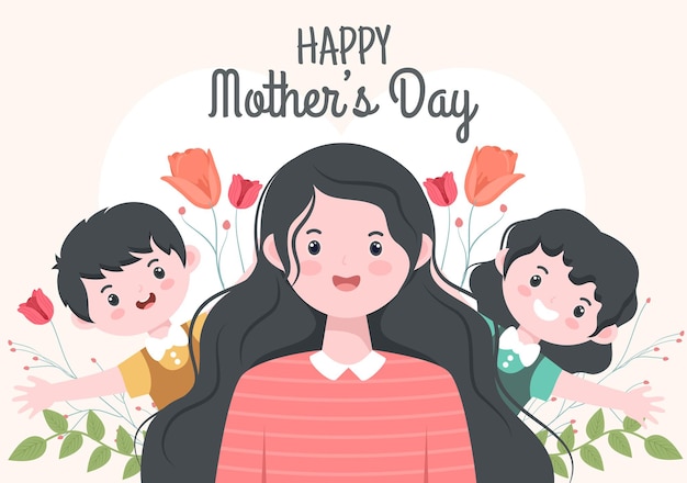 Happy Mother Day Flat Design Illustration. Mother Holding Baby or with Their Children Which is Commemorated on December 22 for Greeting Card and Poster