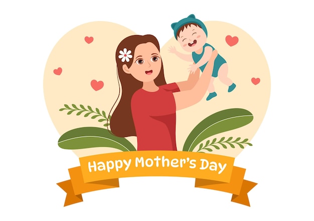 5 月 14 日に幸せな母の日手描きテンプレートで赤ちゃんと子供たちへの愛情を込めてイラスト