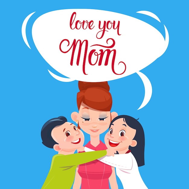 Happy mother day, son and daughter embracing mom, spring holiday greeting card banner