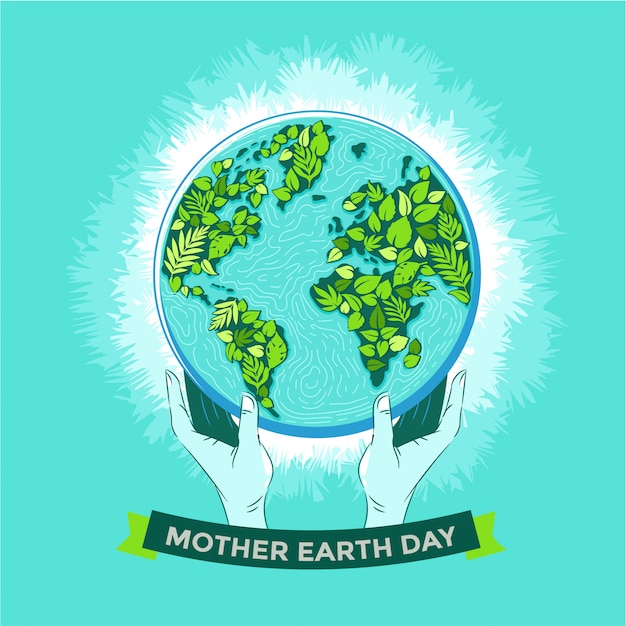 happy mother earth day concept with leaves and human hands holding natural and beautiful globe in space