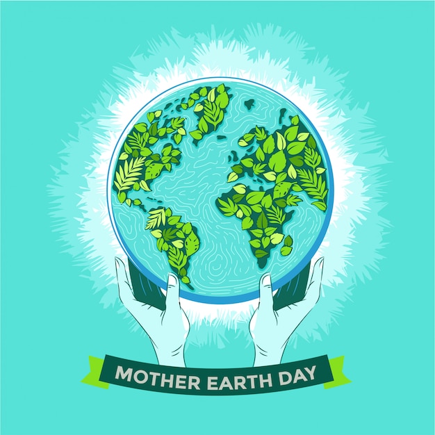 Happy mother earth day concept with leaves and human hands holding natural and beautiful globe in space